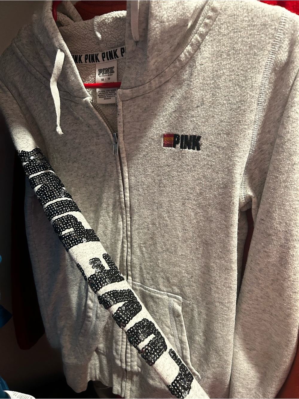 Victoria's Secret PINK Light Gray Zip Hoodie with Black Logo Trim